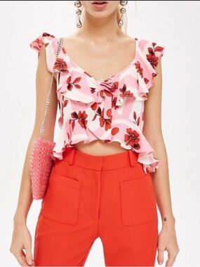 Topshop Pink Floral Ruffle Crop Top with Red Accents